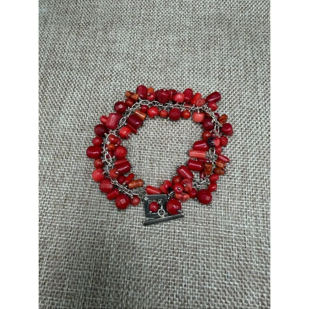 Red Coral Bead Cluster Bracelet Silver Tone Toggle Clasp